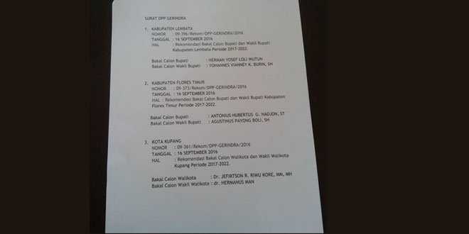 Foto : Petikan Lampiran SK DPP Partai Gerindra (Ist)