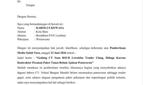 Hak Jawab Atas Berita dengan Judul “Gedung CT Scan RSUD Lewoleba Tender Ulang, Diduga Karena Kontraktor Pesanan Paket Tunas Belum Ajukan Penawaran”